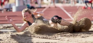 Carley McCutchen lands another successful long jump for the MSU Bobcats. McCutcheon has piled up points and set records all season