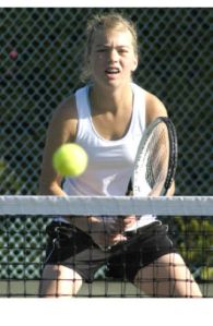Bonney Lake High tennis player Alise McCoy waits for the ball during double action last month.