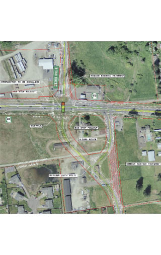 A drawing details the planned widening of state Route 410 and alignment of the intersection at 233rd Avenue East.