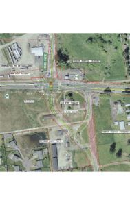 A drawing details the planned widening of state Route 410 and alignment of the intersection at 233rd Avenue East.