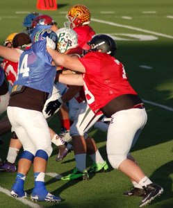 Bonney Lake’s Cameron Goenner blocks for the East quarterback during the 3A all state game.