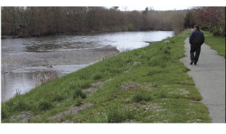 A man walks along the Puyallup River behind the Rivergrove community in Sumner.
