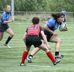 White River senior Hannah Lewandowski holds onto the ball during a game in the West  Regional All-Star Tournament for the Washington Loggers this year against Oregon.