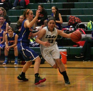 Senior guard Gabriela Ruiz drives to the basket during the Panthers’ home game Friday against the Auburn Mountainview Lions.