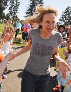 Jesse Rodriguez is sent off to the Boston Marathon by her students at Chinook Elementary in Auburn.