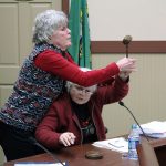 During a recess called by Mayor Benson, Mayor Pro Tempore Erika Morgan took Benson&rsquo;s seat as chair and attempted to continue the council meeting. Benson wrested the gavel from Morgan as Black Diamond police officers stepped in. Photo by Ray Still.