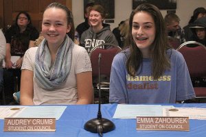 Audrey Crumb and Emma Zahourek were sworn in to serve on Enumclaw&rsquo;s &ldquo;Students on Council&rdquo; on Jan. 9. Photo by Ray Still.