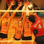 White Rivers Hannah Nelson (7) and Morgan Budinich (3) are tough at the net against Black Hills during last Fridays tournament opener at St. Martins University. Photos by Kevin Hanson