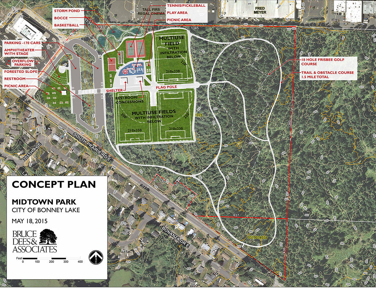 The Bonney Lake City Council passed its most recent Comprehensive Plan in 2015, which included a plan for the Midtown Park in the WSU forest. This plan is not set in stone, and its looking a pool will be added to the plan in the future. Image courtesy of Bonney Lake