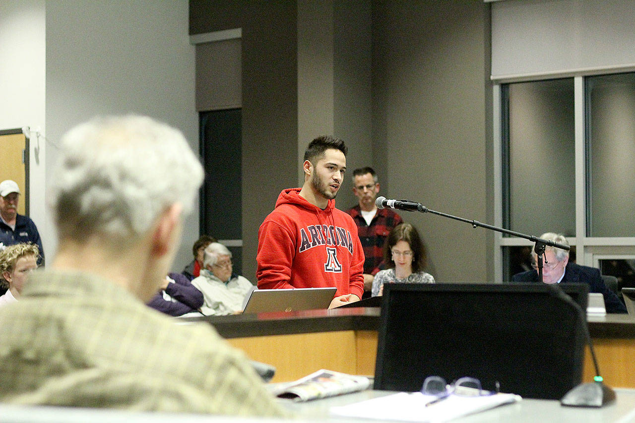 Rafael Rodriguez, Sumner High Schools star diver, told the Bonney Lake City Council how much the Sumner High School pool changed his life when he first started on the swim team. Photo by Ray Still
