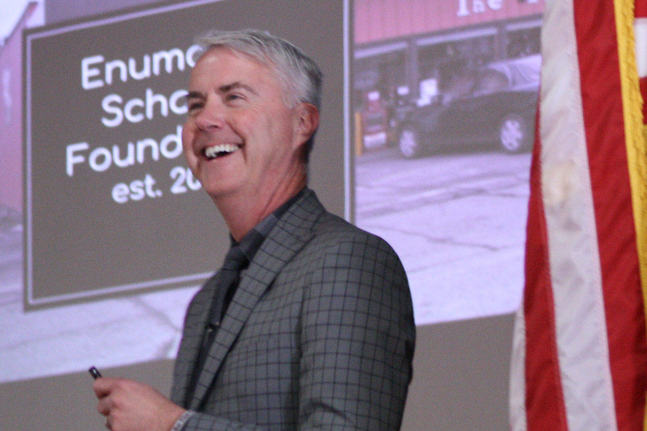 Superintendent Mike Nelson shares a laugh with his audience during the recent Jazzing Up Education fundraising luncheon. Photo by Kevin Hanson