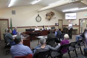 Colin Lund of the developer Oakpointe presented to the Black Diamond City Council last week, letting the council know how the two housing developments in the city are coming along. Lund estimated the first new Black Diamond residents will be moving in soon. Photo by Ray Miller-Still