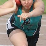 Bonney Lakes Dreakeanna Adair, a two-time defending state champion, easily won the shot put event during Thursdays meet in Sumner. KEVIN HANSON PHOTO