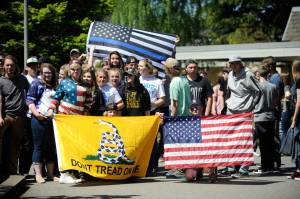 Sequim High school students gathered at the flag pole on campus for 16 minutes on May 2 to participate in a national walkout Stand for the Second supporting the Second Amendment and the right to bear arms. (Erin Hawkins/Sequim Gazette)