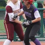 White Rivers Payton Wallen applies a tag at third base, shutting down a North Kitsap scoring opportunity during Fridays district softball game. Photo by Kevin Hanson