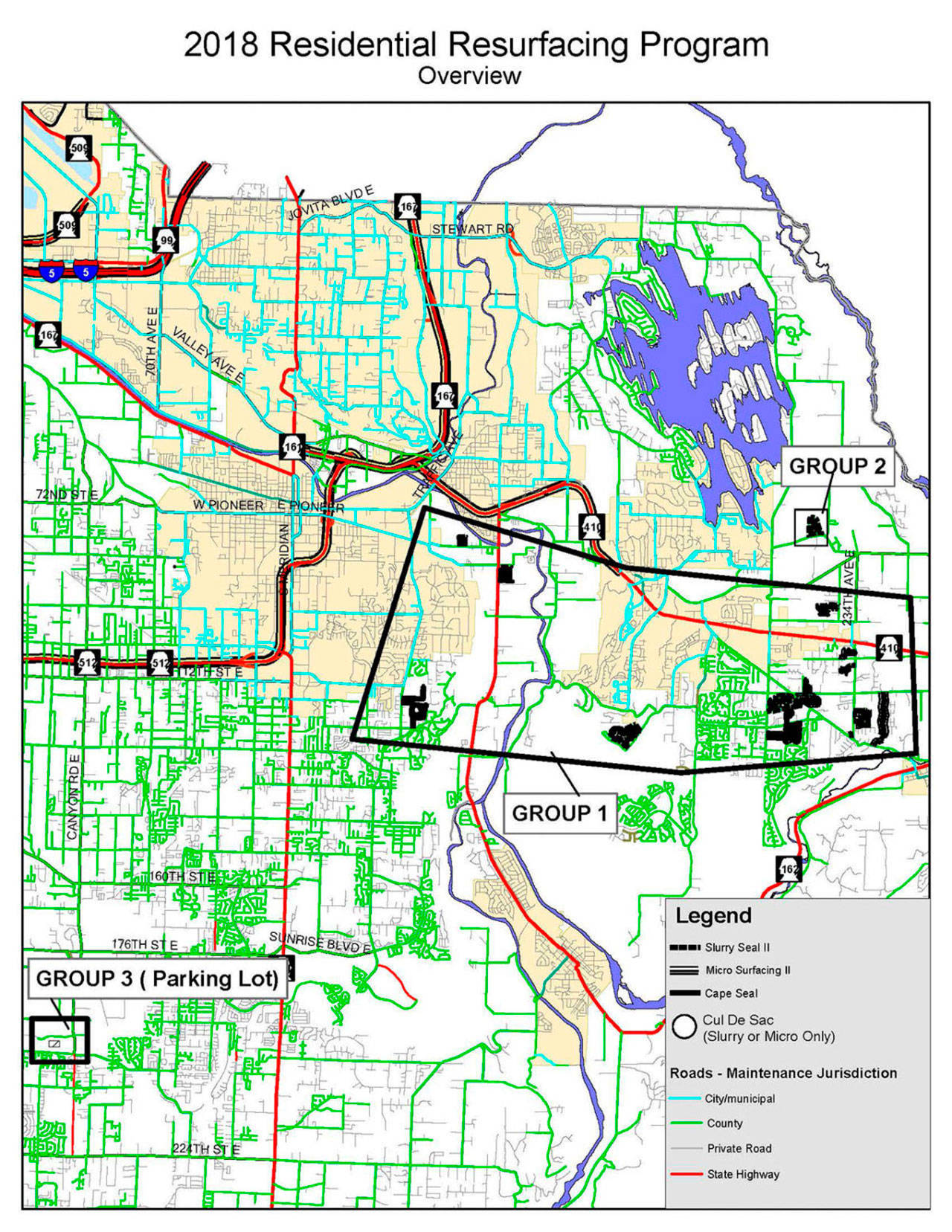 An overview of where road resurfacing work will be taking place around Bonney Lake. For more detailed maps, visit <a href="https://www.co.pierce.wa.us/4288/Residential-Resurfacing-Program" target="_blank">https://www.co.pierce.wa.us/4288/Residential-Resurfacing-Program</a>. Image courtesy Pierce County