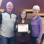 From left: teacher Dave Stokke, Annabelle Sharick and PEOs Jill Harjo. PHOTO BY N. SHARICK