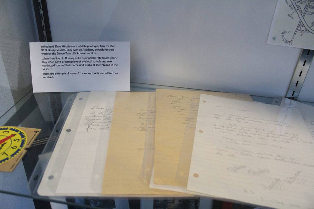 Located right outside the historical societys room, a glass display case shows off a few artifacts from the Alfred and Elma Milotte collection, including thank-you letters the Milottes received from fans of their Walt Disney nature movies. Photo by Ray Miller-Still