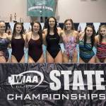 Competing for Enumclaw High at the state swim meet were, from left, Elsie Pratt, Anna Bogh, Jessica Lee, Ryley Pilato, and Margaret Petellin; also making the trip were alternates Cameron Lee and Ella Hoyne. Submitted photo
