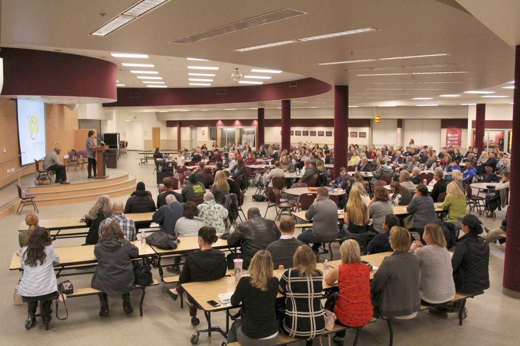 The Enumclaw High auditorium was filled with community members of all stripes to learn more about mental health and suicide prevention last November. Photo by Ray Miller-Still