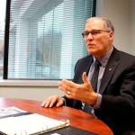 Gov. Jay Inslee at the Sound Publishing offices in Bellevue during a meeting in 2017. Inslee may be running for president in 2020 based on remarks published in The Atlantic and more than $112,600 in fundraising. File photo