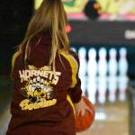 Maddie Firle is about to roll at a Jan. 8 match at Daffodil Bowl in Puyallup, White Rivers home lanes. Photo by Kevin Hanson