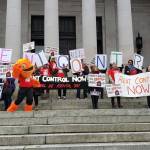 Advocates hold a rent control rally in Olympia on Feb. 27, the day before Oregon passed legislation capping rent increases and prohibiting no-cause evictions. Photo courtesy of Amy Tower/Tenants Union of Washington State