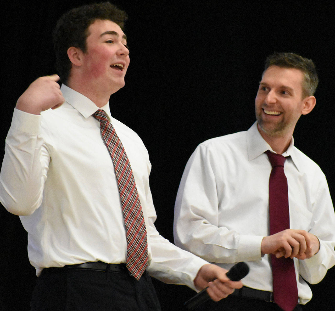 Enumclaw High theater instructor Darrell Miller and student Kaden Bolton touted the schools ongoing mission to provide elementary audiences with a theater experience. Photos by Kevin Hanson