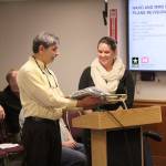 Departing council members get a gift of an Enumclaw blanket as they leave office  Mayor Jan Molinaro gave former Councilwoman Lauk hers during this weeks meeting. Photo by Ray Miller-Still