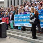 Gov. Jay Inslee speaks to protesting nurses on April 24 at the State Capitol Building in Olympia. Inslee indicated he would sign the bill for meal and rest breaks into law if it passes both chambers. Photo by Emma Epperly, WNPA Olympia News Bureau