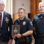 Police Officer Kim-Xuan Brewer, above, was presented an award by VFW Post Commander Tom Krueger and Police Chief Bob Huebler. Also honored were Enumclaw firefighters Capt. John Bloomer and Alex Lind, below. Photos provided by VFW Post 1949