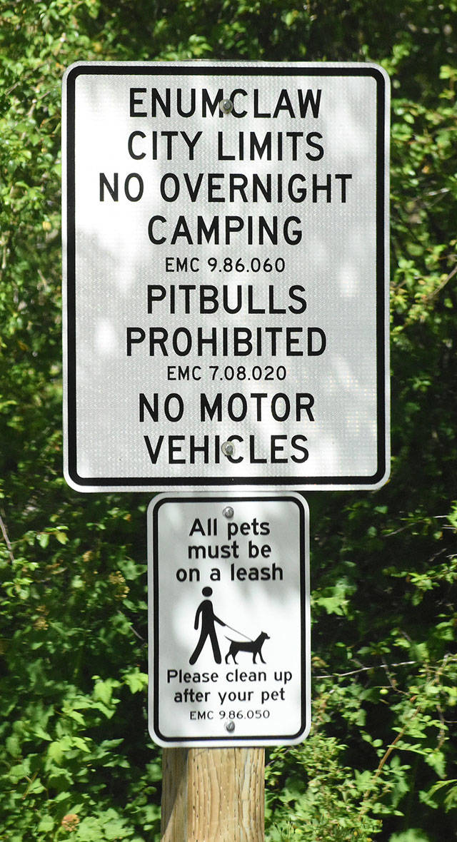 Enumclaws outright prohibition on pit bulls is expected to change at the start of 2020. This sign, at the south end of the Foothills Trail, makes the citys current position clear. Photo by Kevin Hanson