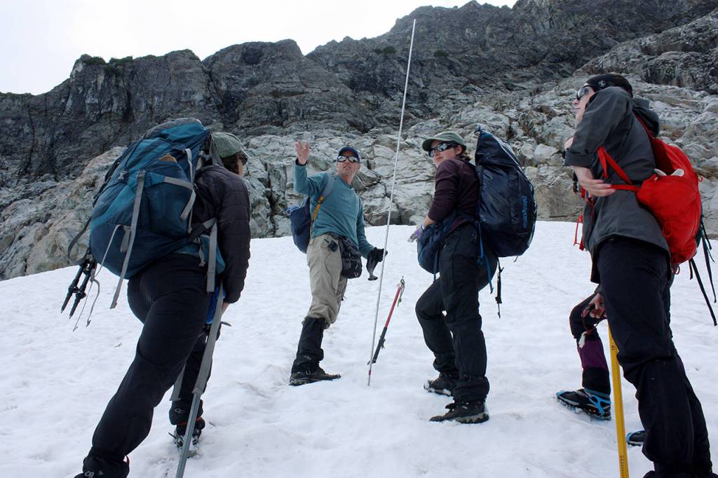 Zachariah Bryan / The Herald                                 This years North Cascades Climate Project team stands on an avalanche deposit. From left, Abby Hudak, Mauri Pelto, Jill Pelto, Ann Hill and Clara Deck.