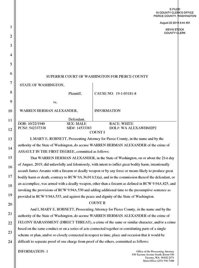Charging papers for Warren H. Alexander, 78. Documents courtesy Pierce County Prosecuting Attorneys Office