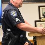 Police Sgt. Grant McCall addressed the City Council on Aug. 26, using the opportunity to praise recent developments in departmental leadership. Photo by Kevin Hanson