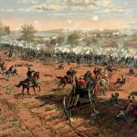 Battle of Gettysburg, by Thure de Thulstrup, restored by Adam Cuerden. This painting showed Union General Hancock at Gettysburg during Picketts Charge.