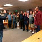 In July 2019, King County Council member Reagan Dunn swore in new Commissioners from Drainage Districts 5, 6 and 13. Left to right, Reagan Dunn, John Koopman, Kenny Bosnik, Cathy Dahlquist, Alan Predmore, Jim Puttman, John Millarich, Mark Van Wiernigan, and David Ballestrasse. Contributed by David Shurtleff