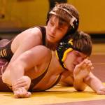 Among the Enumclaw High wrestlers defeating their Thomas Jefferson opponents on Dec. 18 was Cole Bowen, who picked up a major decision at 132 pounds. Photo by Kevin Hanson