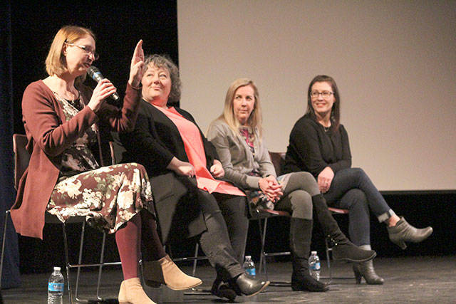 Enumclaw families attended a showing of Angst, a movie about anxiety disorders, in March 2019. After the movie, Enumclaw School District counselors Rebecca Bowen, Tina Hickcox, Sandra Wright, and Kami Johnson answered questions from the audience. Photo by Ray Miller-Still