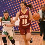 The Enumclaw High girls took to the road and defeated Emerald Ridge on Feb. 11. Pictures is Olivia Rodarte racing past a Jaguar defender. Photo by Kevin Hanson