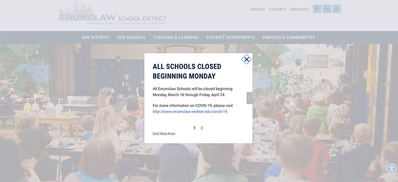 Enumclaw School District families are greeted with this message on the districts website. Image courtesy Enumclaw School District