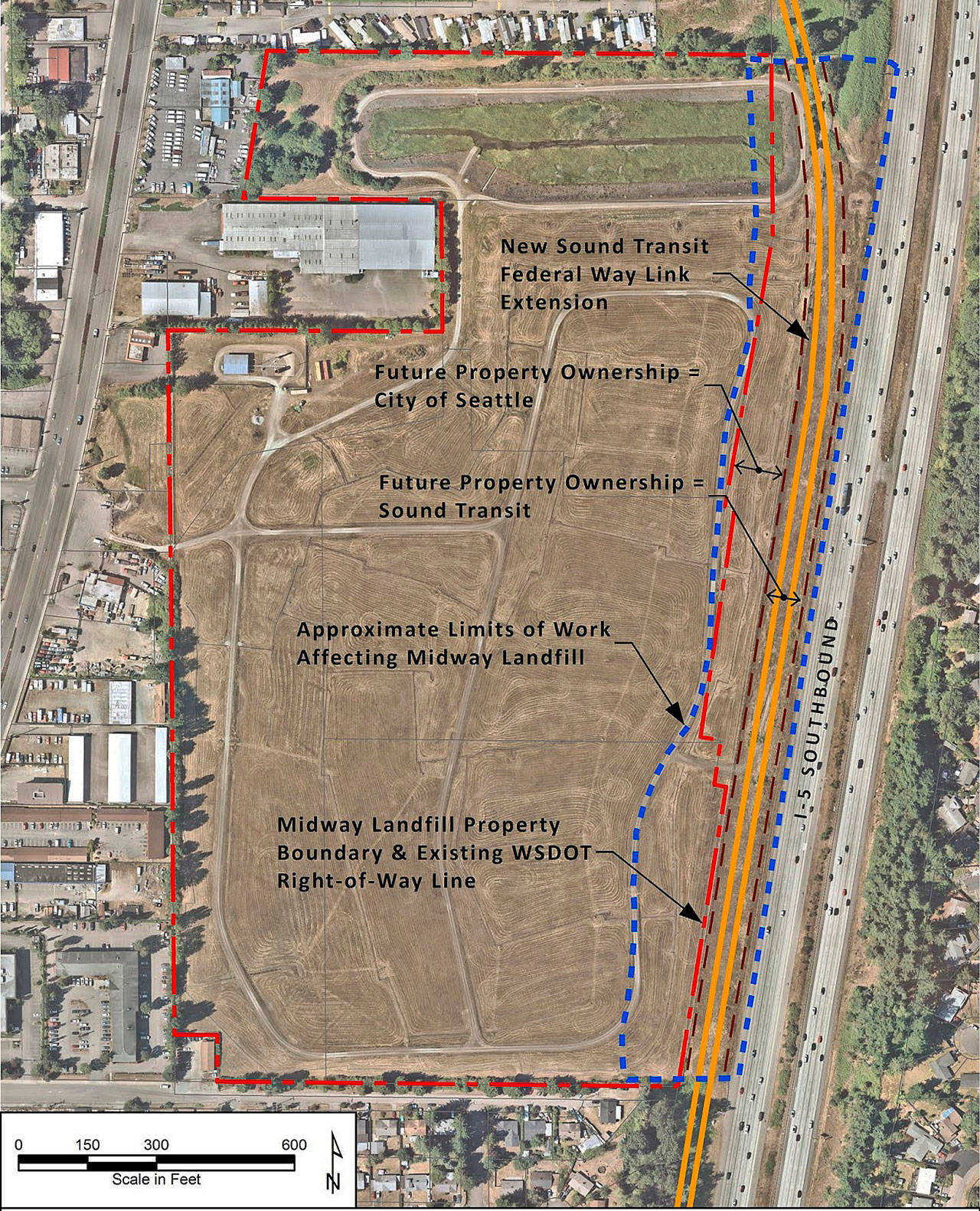 A map shows the former Midway Landfill in the center, with the I-5 freeway just to the right. A double yellow line shows the future path of light rail along the freeway at the landfills edge. A red line shows the landfill boundaries. A blue line shows the work area for light rail construction. Crews will close part of I-5 southbound May 18-21 for access road work. COURTESY GRAPHIC, State Ecology