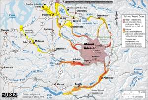 Image courtesy the U.S. Geological Survey.Mount Rainier lahar map. Note that Enumclaw is out of harms way.Mount Rainier lahar map. Note that Enumclaw is out of harms way. Credit: U.S. Geological Survey.