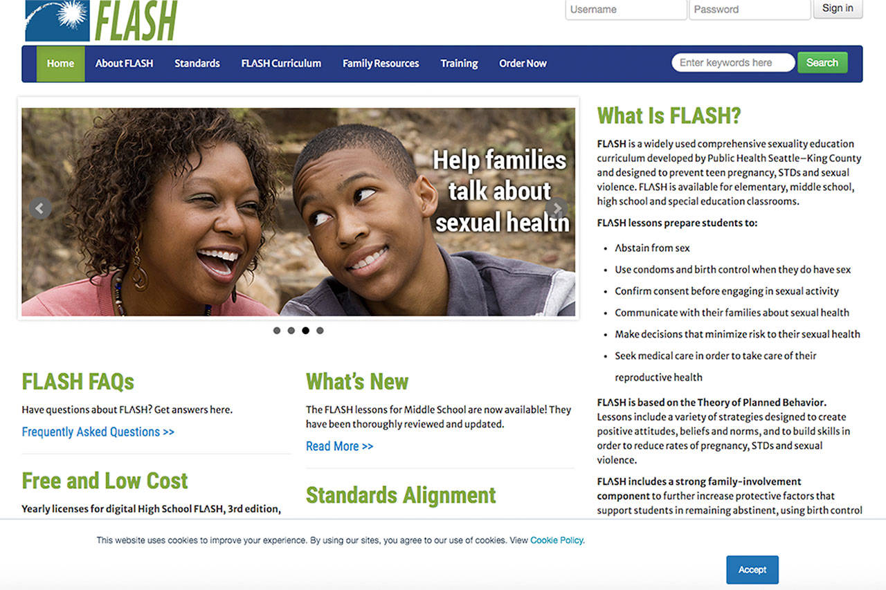 The Enumclaw School District uses the FLASH curriculum to teach older students about sex. Screenshot