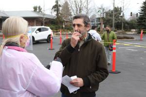 Enumclaw Mayor Jan Molinaro had his first-ever COVID test at the new Enumclaw testing site as its first patient. Photo by Ray Miller-Still
