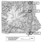 The locations of some of the archeological sites at Mount Rainier, some which are mentioned in this column. Image courtesy Greg Burtchard, Mount Rainier National Park archaeologist (retired), modified by Kirsten Wahlquist