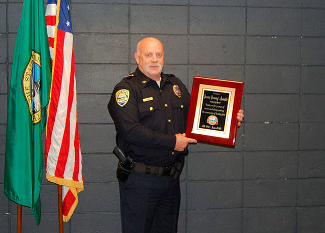 The city had a small celebration for former Buckley Police Chief Jim Arsanto on June 30, 2020, his last day, having been an officer of the law since 1987. Image courtesy Assistant Chief Mike Northam