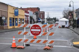 Main Street is now a one-way affair through downtown Buckley. The change aims to provide safety for outside diners. Photo by Kevin Hanson