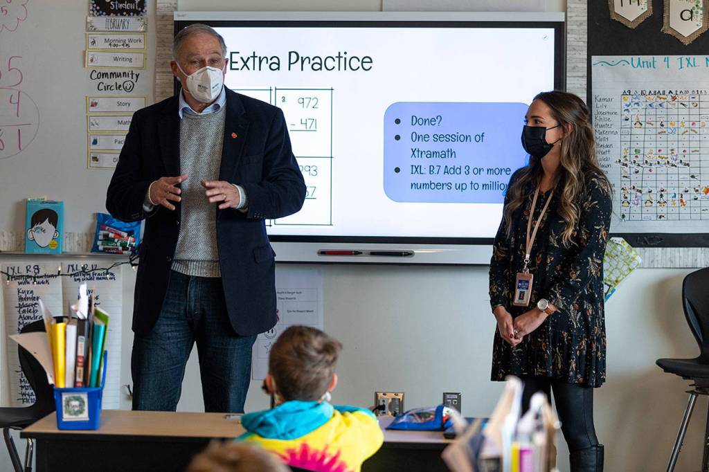 Gov. Jay Inslee visited Elk Ridge Elementary School in the White River School District on Feb. 2, 2021 as part of his push to re-open schools safety for teachers, students, and their families. Photo courtesy the White River School District