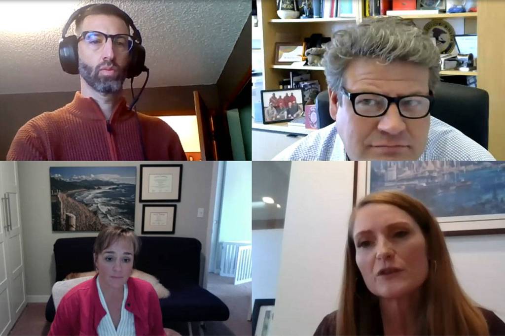 Clockwise starting from the top right: King County Council member Reagan Dunn, Northpoint Seattle Director Sharon Fenton, Antioch University Addiction Studies Program Director Lisa Rudduck, and Seattle and King County Public Health Strategic Advisor Brad Finegood discuss addiction during the virtual meeting April 14.
